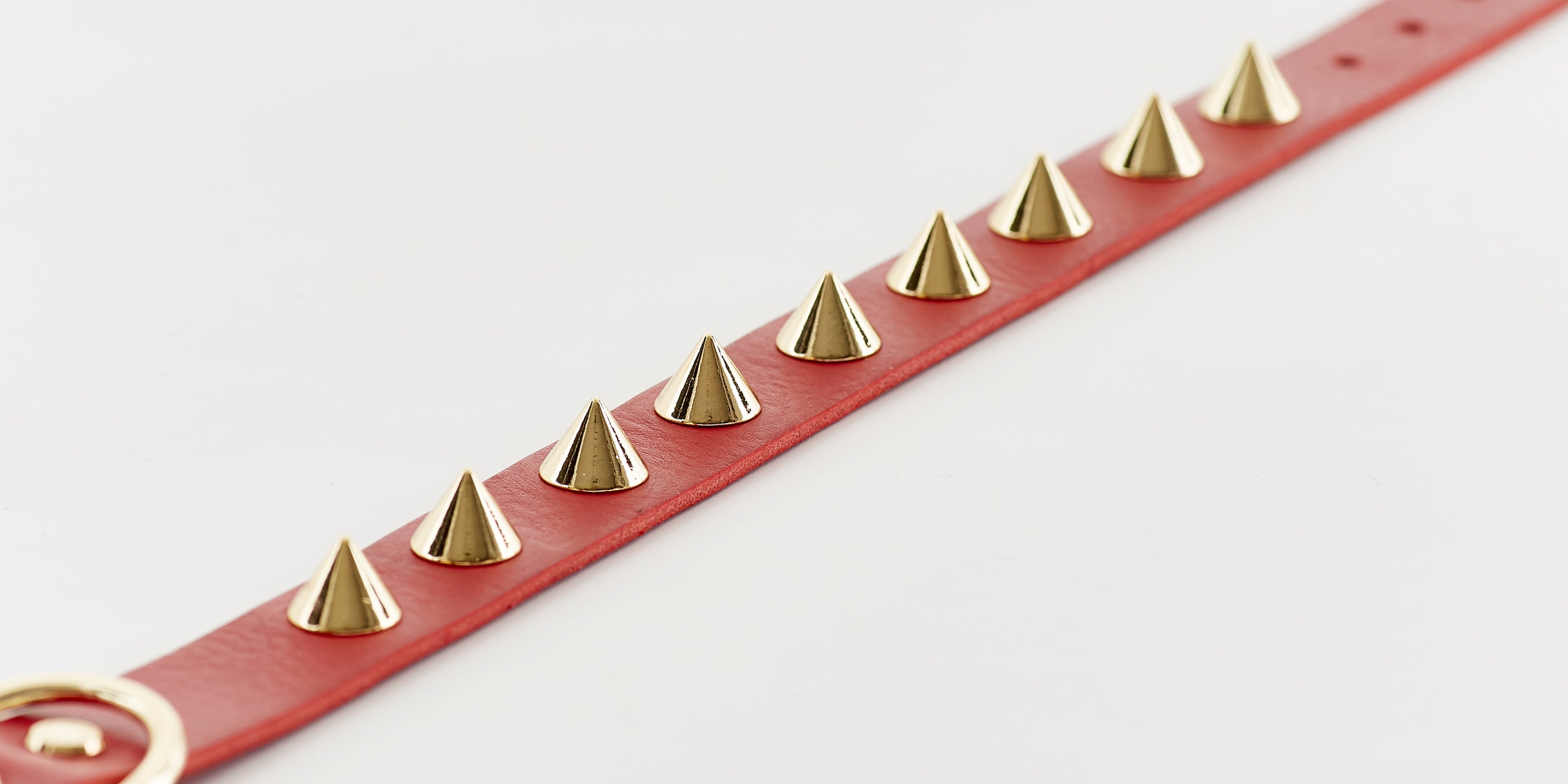 Golden Spike Red Collar for pets by Emerald Alfie, featuring a stylish red design with a gold spike embellishment.