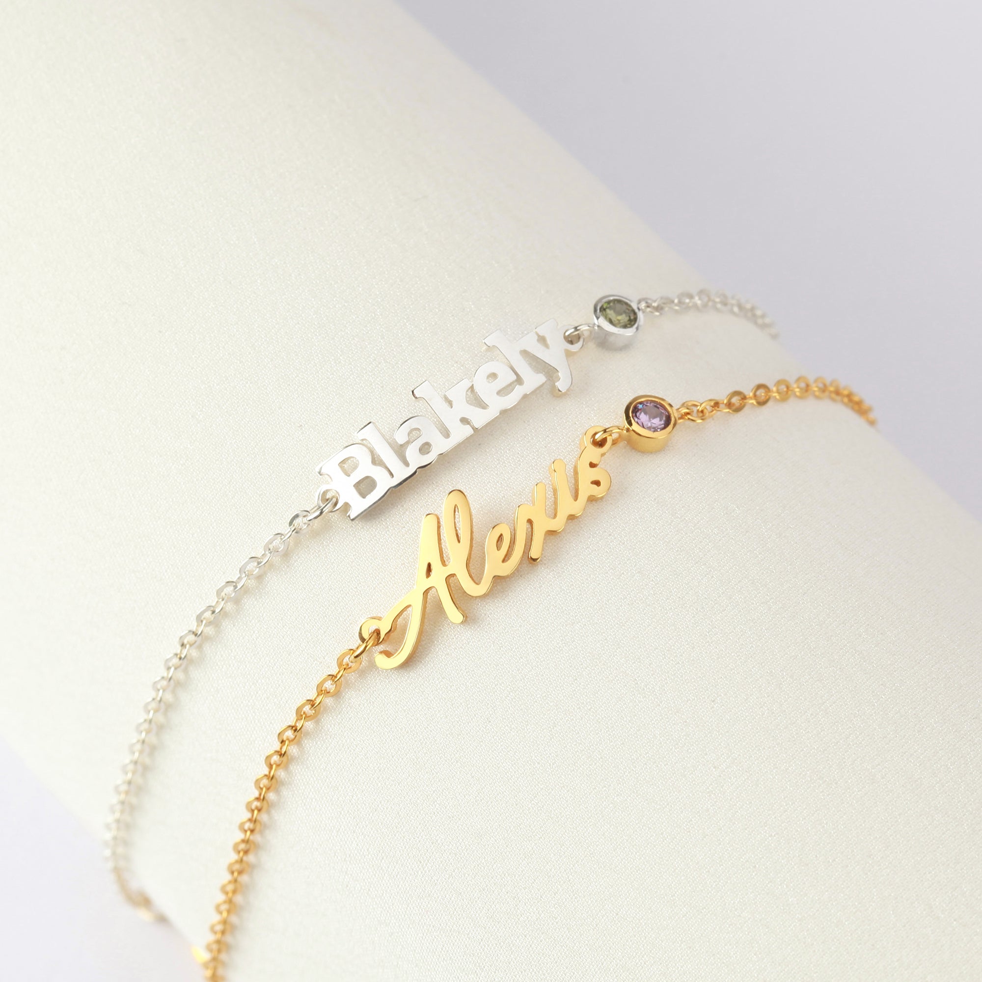 Personalized Green Millie cursive name bracelet for tween girls, featuring custom name in stylish script on a delicate bracelet.