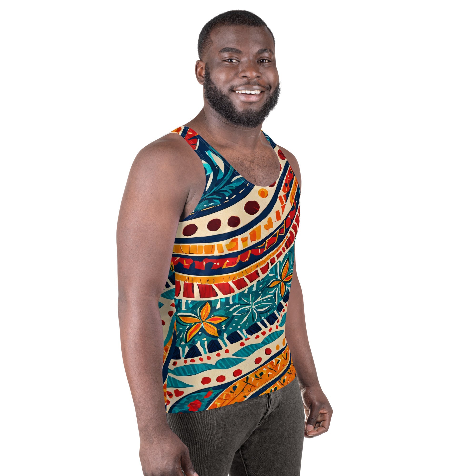 Mens Grey Coco stretch fit tank top with boho floral print, all-over design, right front view, casual sleeveless accessory.