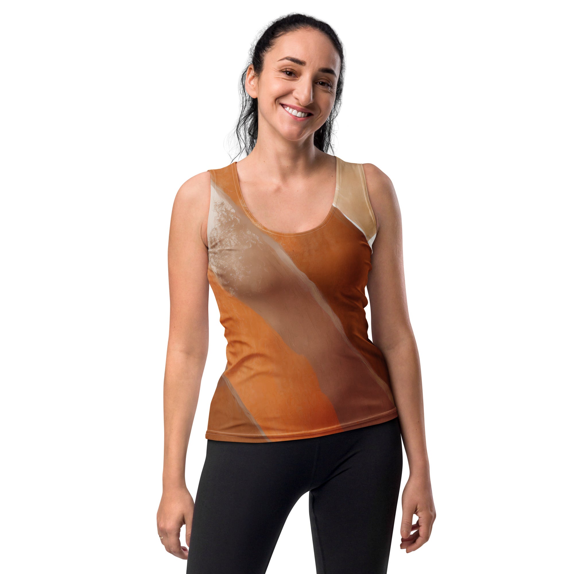 Women’s Grey Coco boho watercolor print stretch fit tank top with all-over colorful floral pattern, front view.
