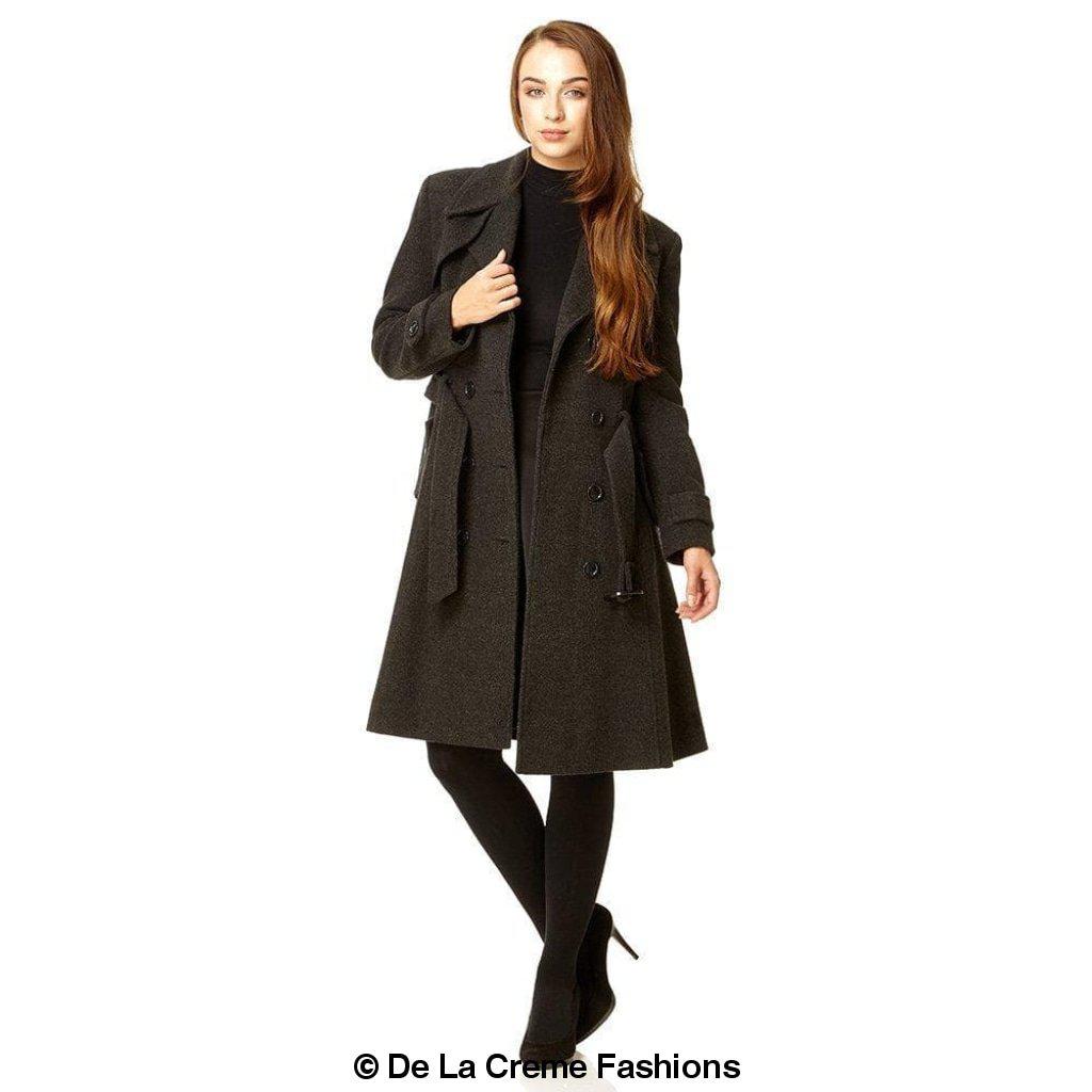 Amber faux wool blend double-breasted coat from Rose Eleusis, stylish jacket with classic trench design and button details.