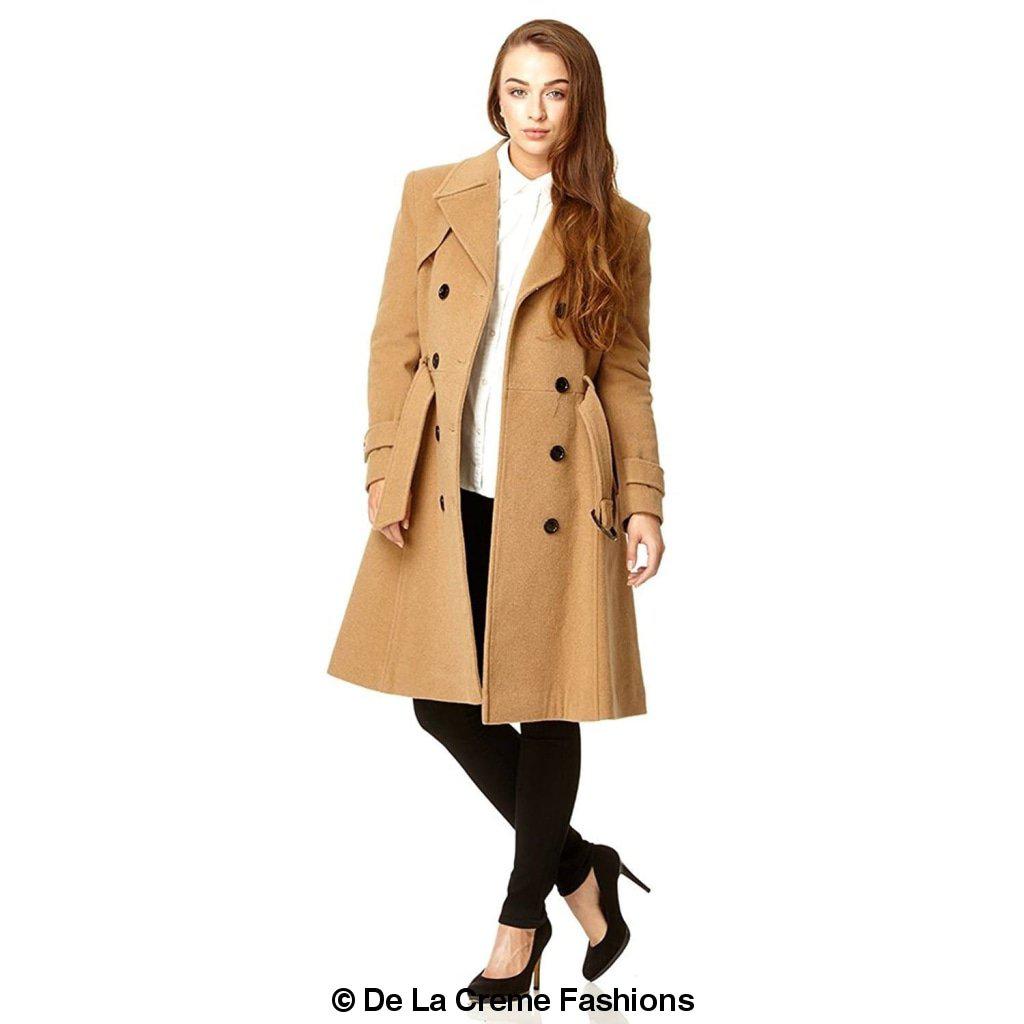 Amber faux wool blend double-breasted trench coat by Rose Eleusis, stylish jackets and coats with classic design.