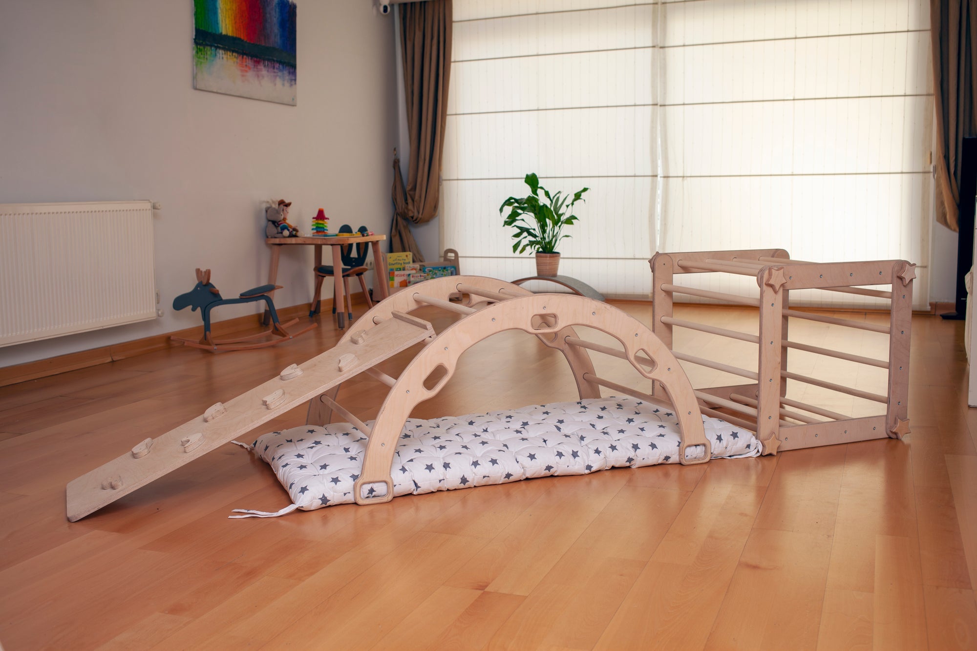 Red Oceanus Montessori Climber Set with six pieces, including rockers and ramps, designed for indoor playground and children&