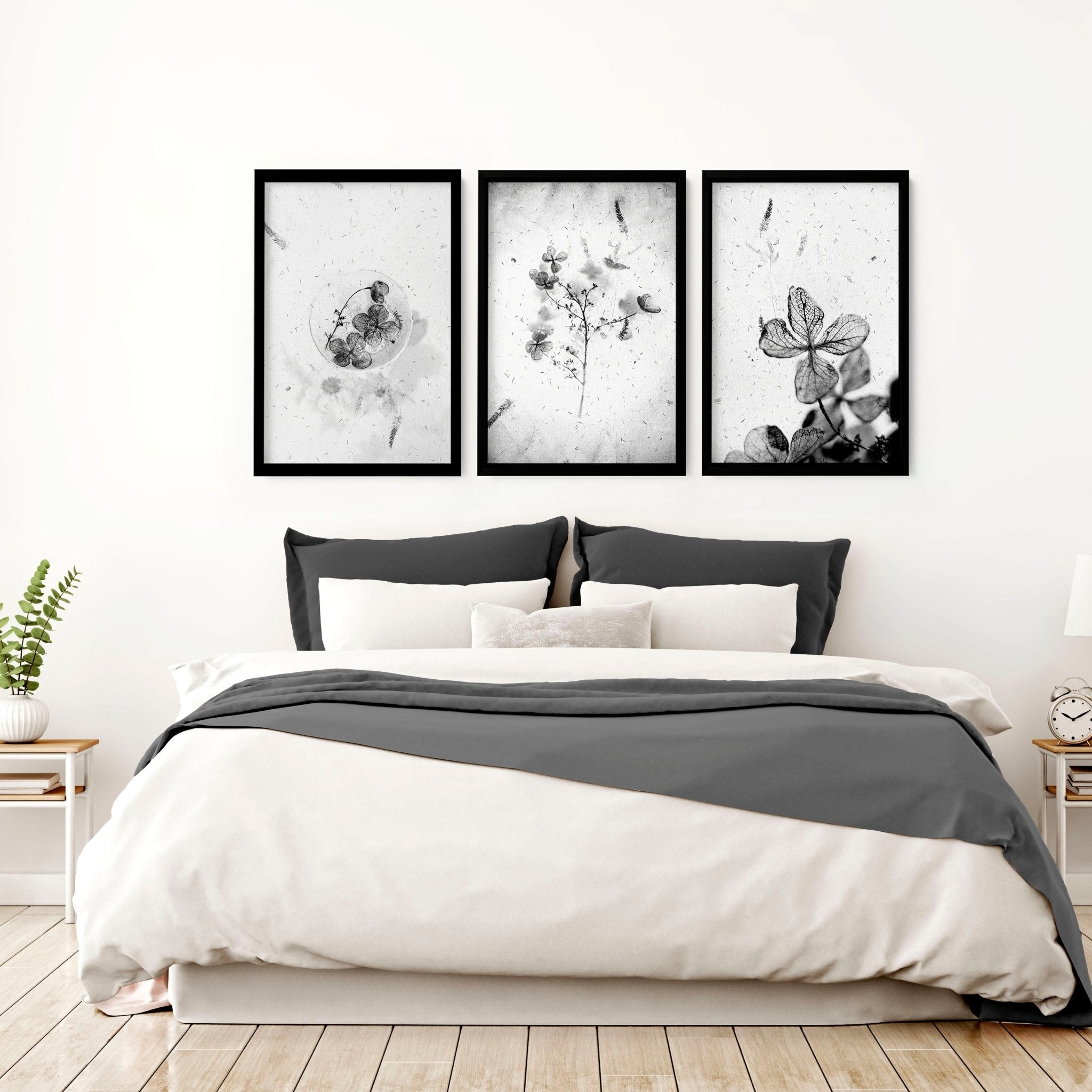Set of 3 framed wall art prints by Lime Theseus, bedroom home decor with modern floral and abstract designs.