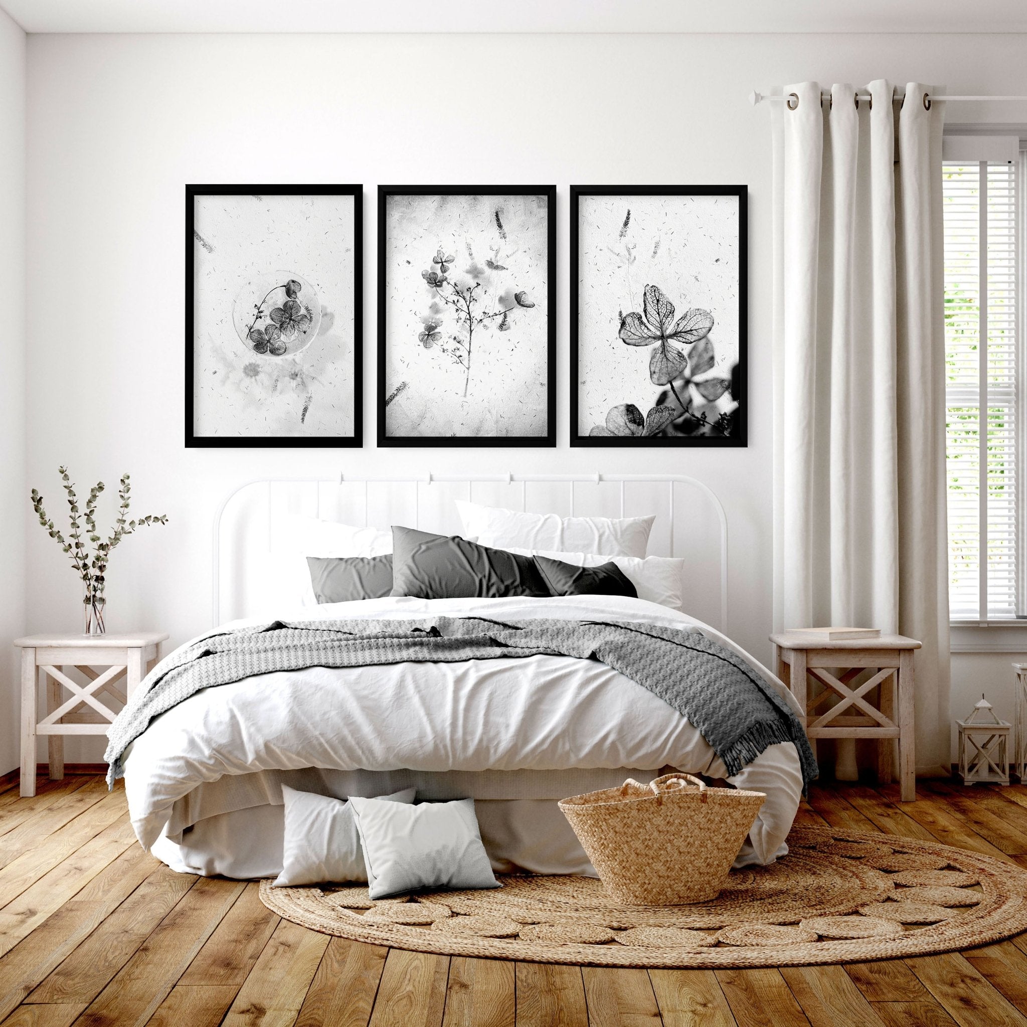 Set of 3 framed bedroom art prints by Lime Theseus, featuring modern wall decor for a stylish bedroom interior.