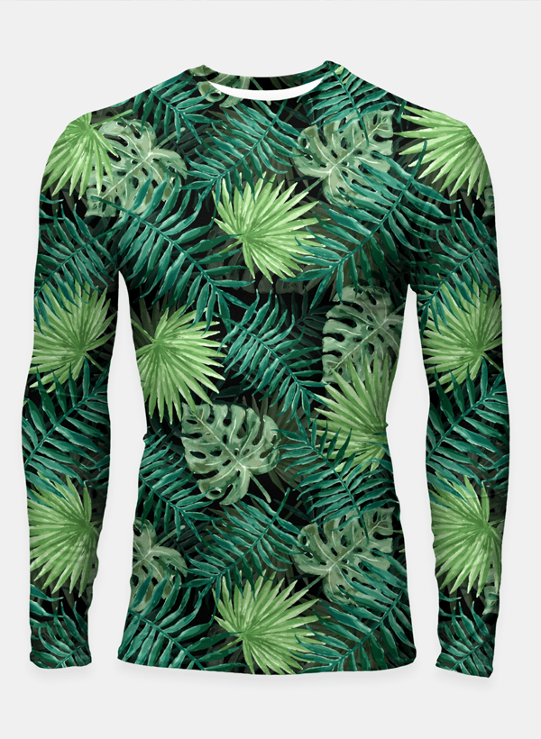 Bright green tropical activewear t-shirt by Scorpius featuring fern, palm, and monstera jungle plant design.