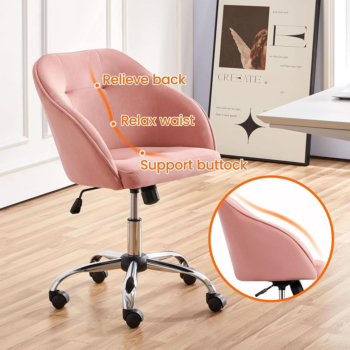 Pink Velvet Desk Chair With Swivel Office Chair Modern