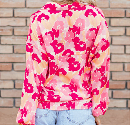 Blooming floral print puff sleeve buttoned shirt by Pear Daisy, featuring vibrant flowers and stylish design for home and garden decor.