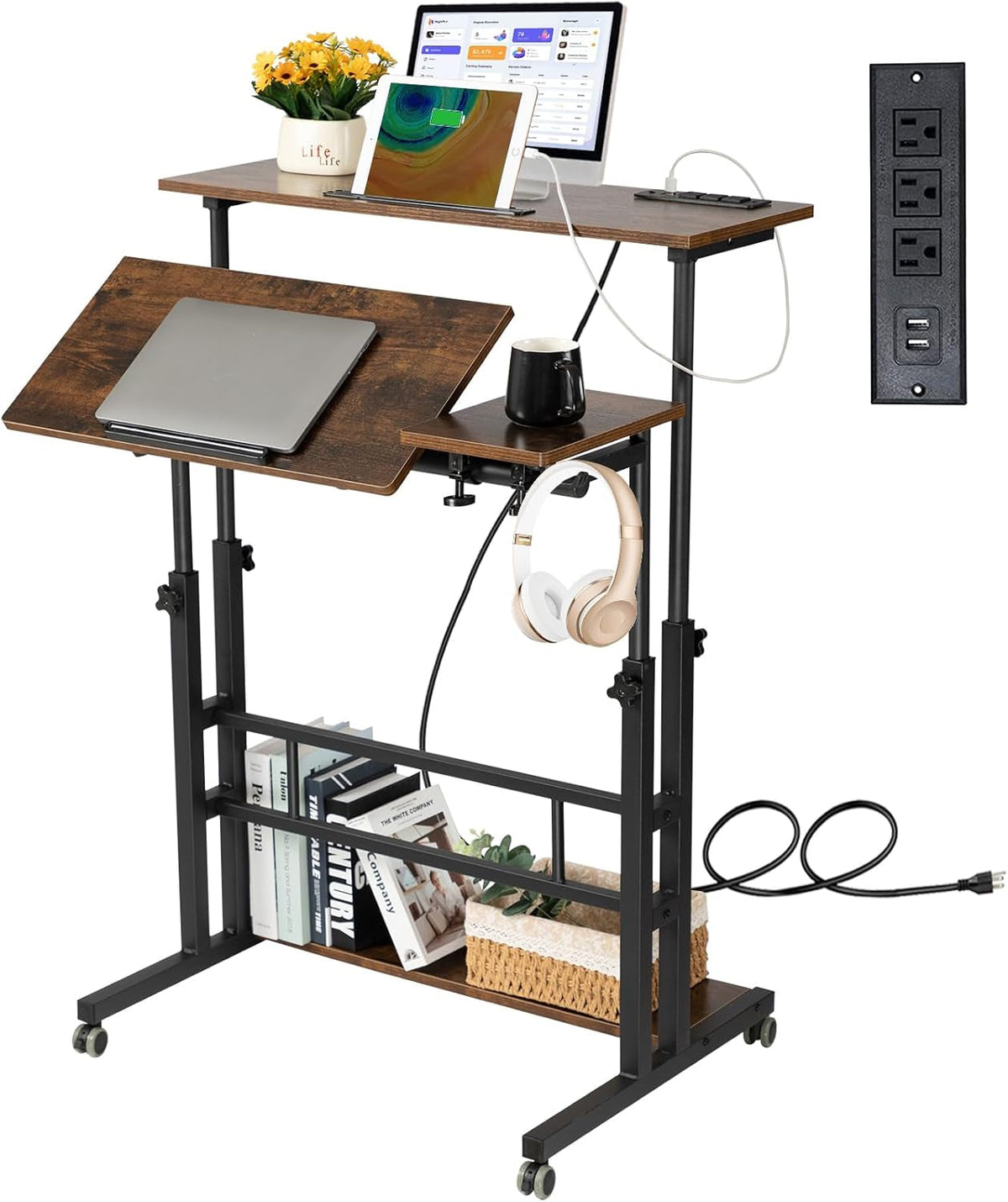 Mobile Laptop Standing Desk Adjustable Height Wheels