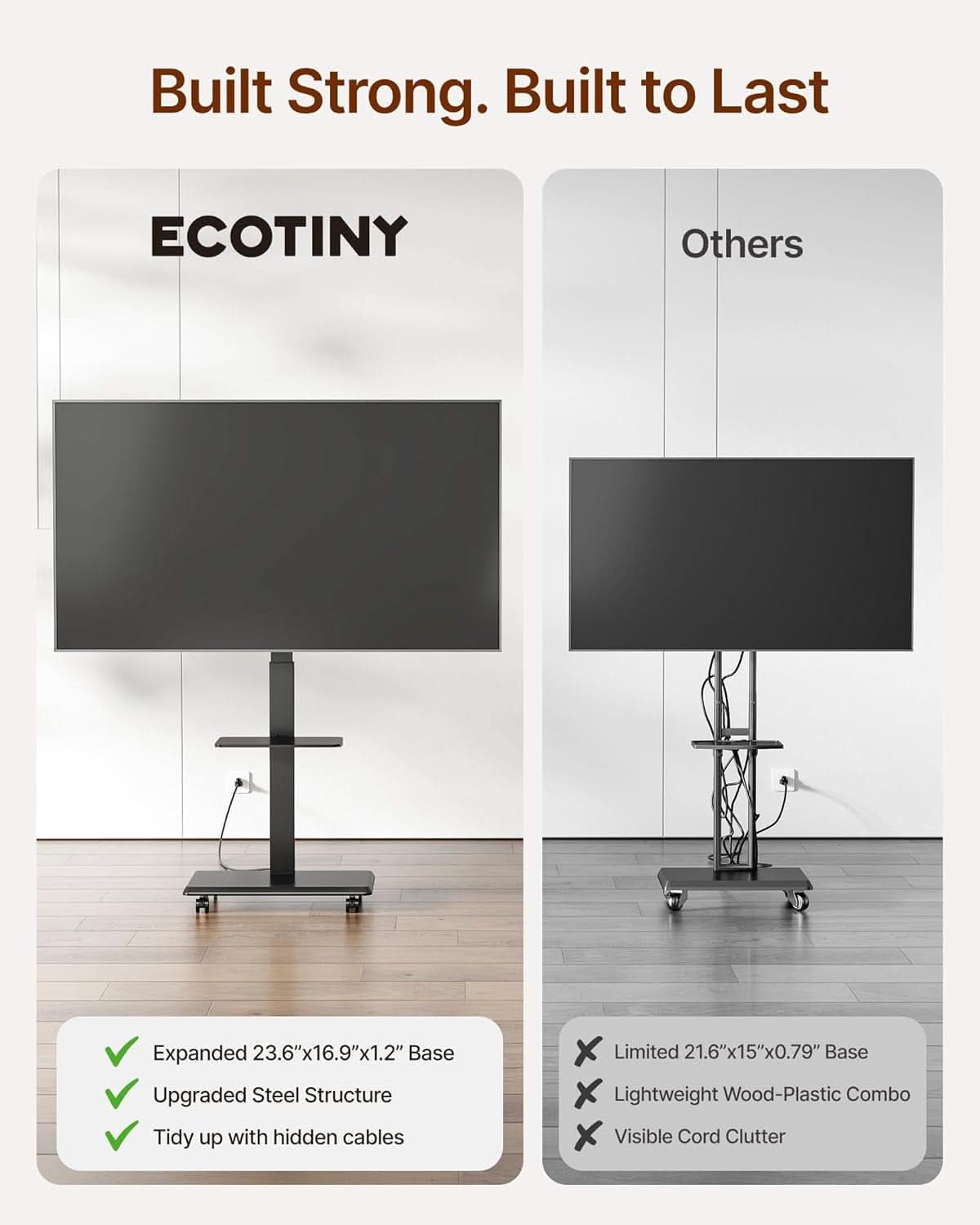 Rolling TV Stand Thirty Two To Seventy Five Inches Hidden Wire Management