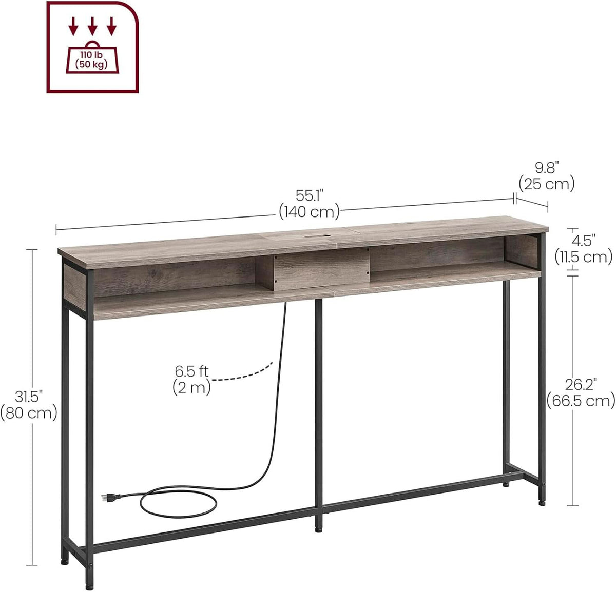 55 Inch Two Tone Ultra Slim Console Table With USB Charging Outlets