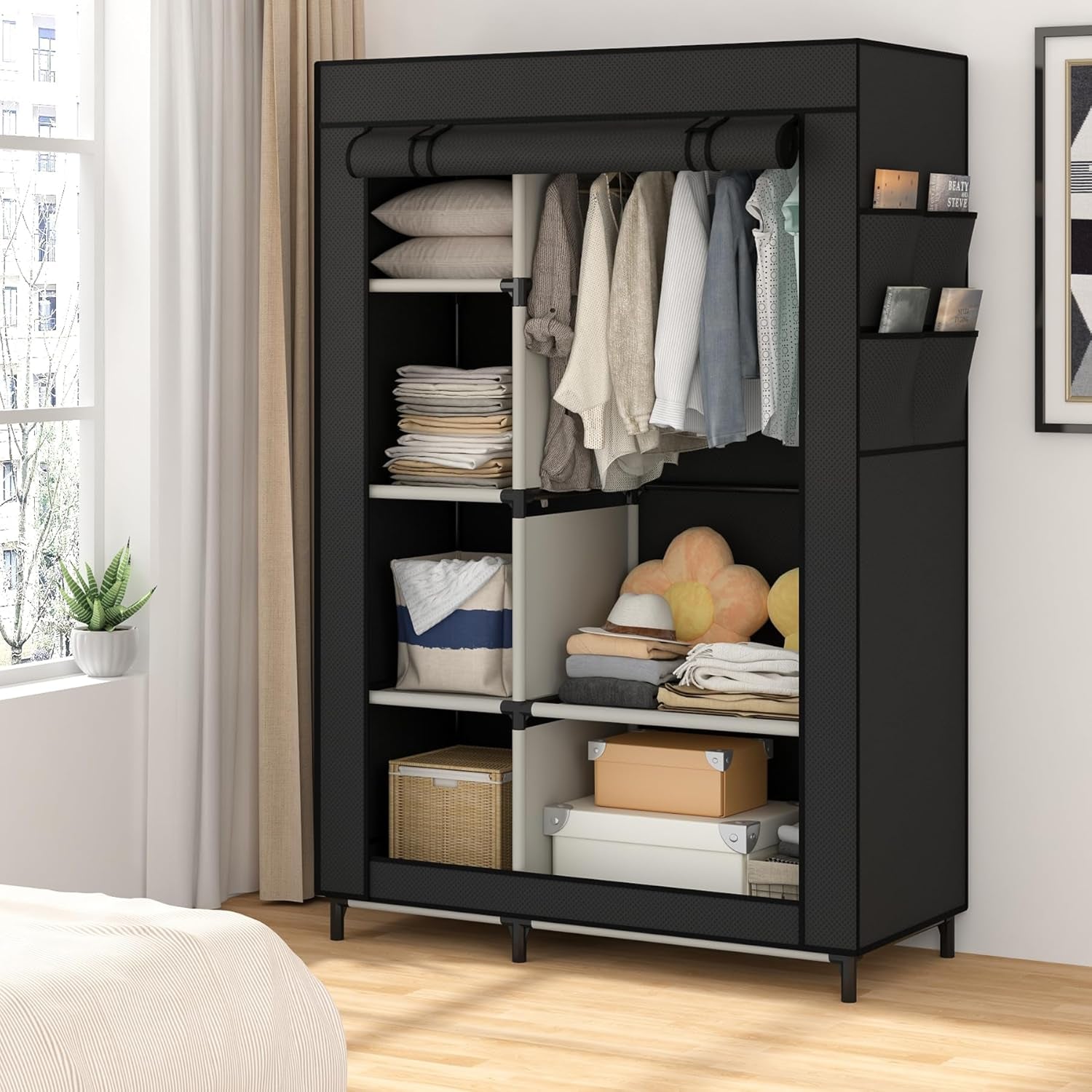 Black portable closet organizer with six shelves and a hanging rod, featuring Peach Maple branding, ideal for versatile storage.
