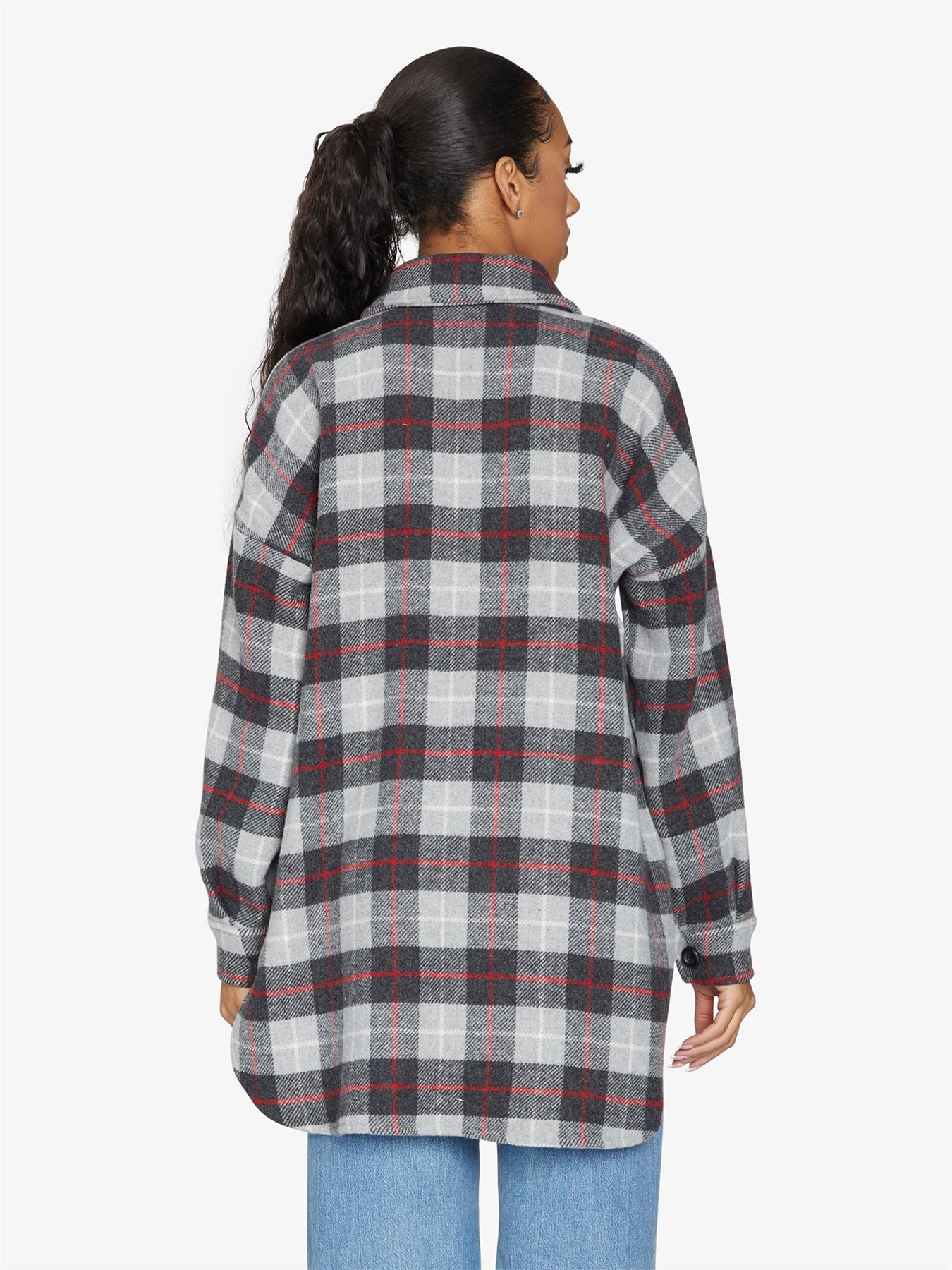 Rose Eleusis oversized Nova check wool blend shacket, stylish plaid jacket with buttons and relaxed fit, perfect for casual layering.