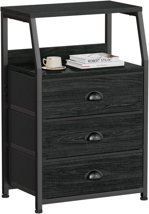 Black night stand with three fabric drawers and a two-tier shelf, Peach Maple furniture piece for bedroom storage.
