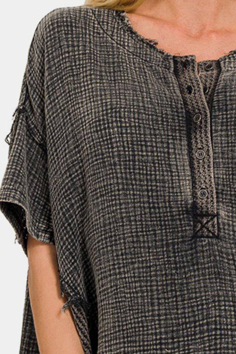 Carmine Juneberry Zenana Washed Texture Half Button T-Shirt, casual tops with textured fabric and half button design.