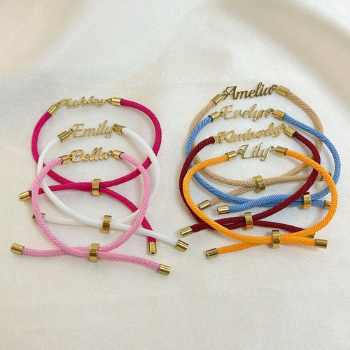 Colorful personalized rope chain bracelet with custom name for women, featuring vibrant design and Pink Lucky branding.