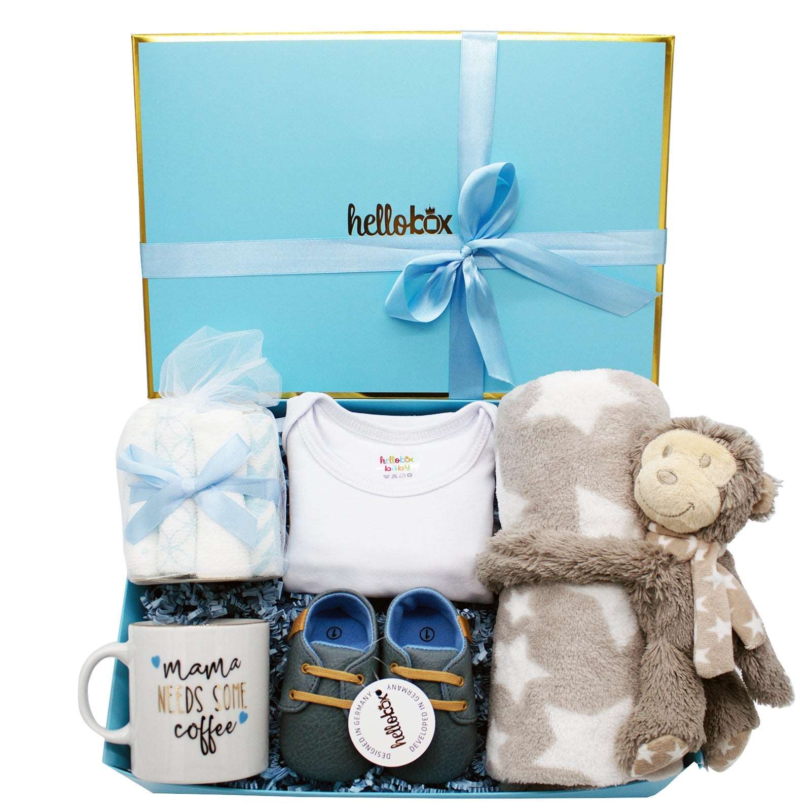 Byzantium Oscar Hellobox baby gift set with plush bear and soft baby blanket for newborn boys, perfect for welcoming a new arrival.