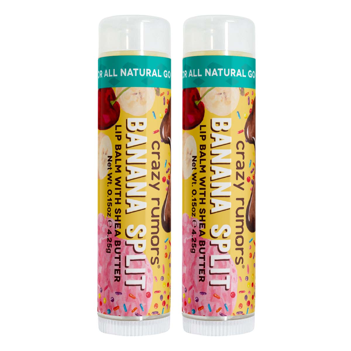 Orchid Nyx Banana Split Lip Balm in a double tube, featuring bright yellow packaging with banana and split dessert graphics.