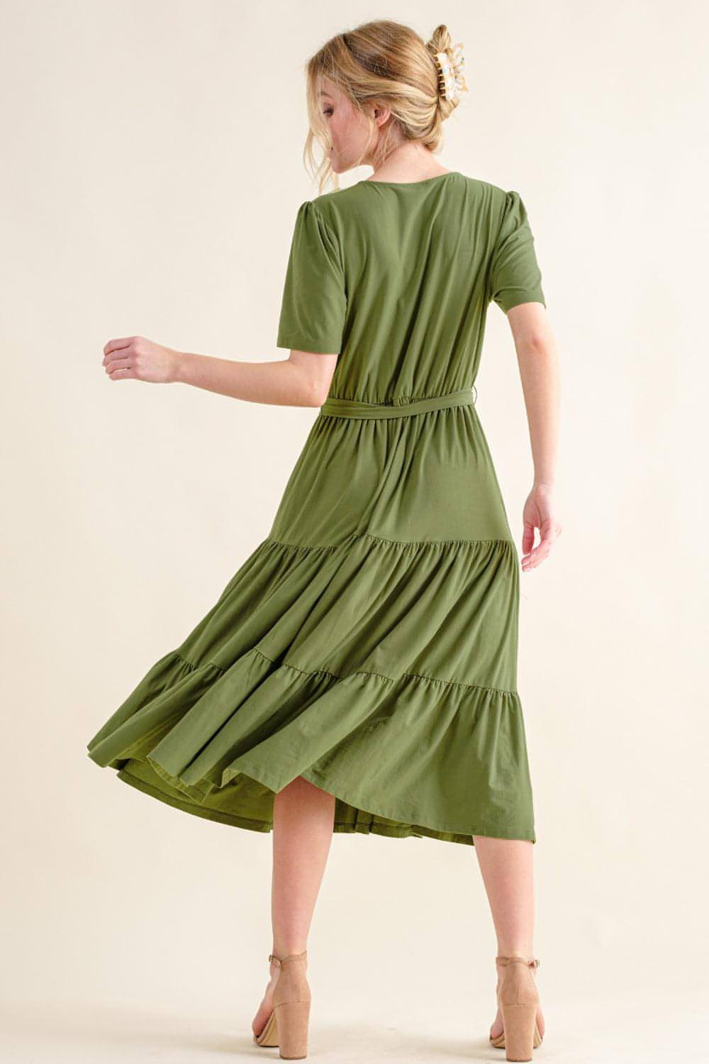 Carmine Juneberry soft short sleeve tiered midi dress with flowy fabric and layered design, perfect for casual or semi-formal wear.