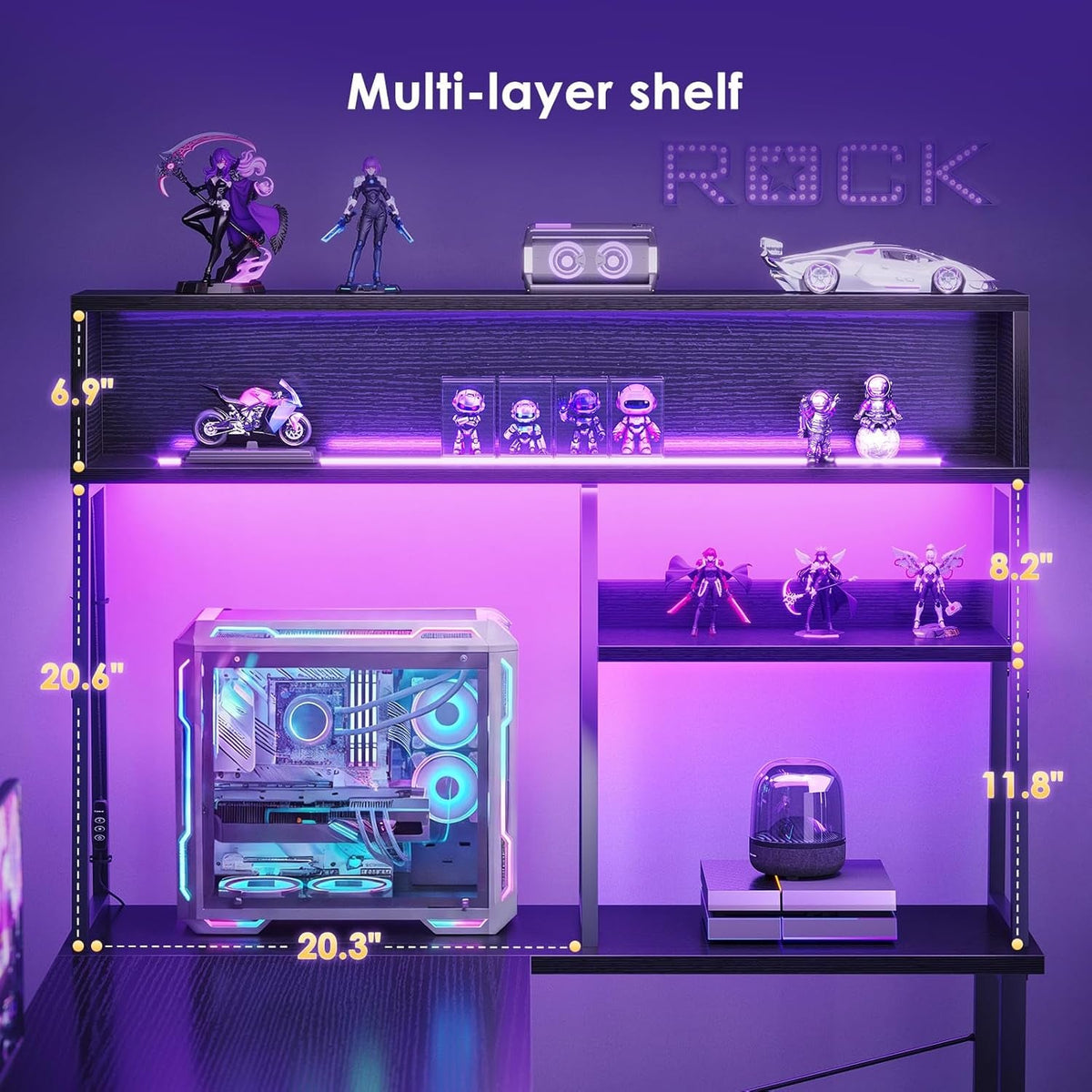 Fifty One Inch L Shaped Gaming Desk With Display Shelves LED Illumination