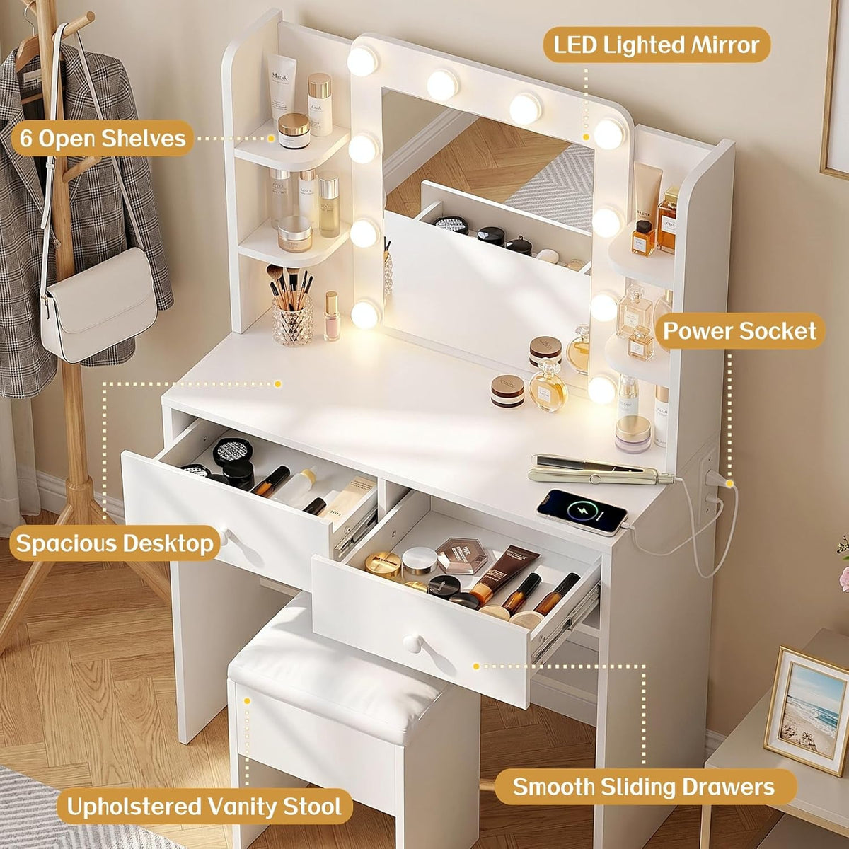 White Vanity Desk With Comprehensive Storage Mirror