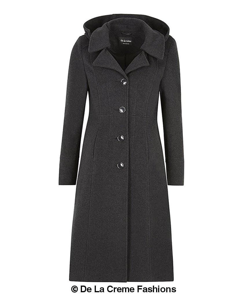 Beatrice wool blend hooded mid-length coat by Rose Eleusis featuring a cozy design and neutral color, perfect for layered winter wear.