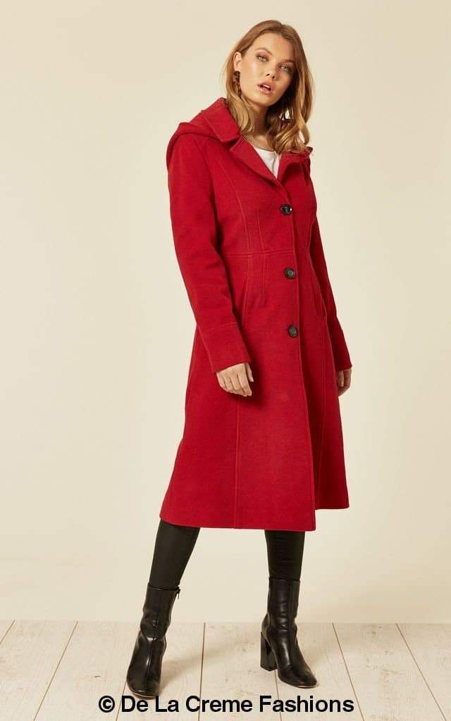 Beatrice Wool Blend Hooded Mid Length Coat by Rose Eleusis, showing the soft wool-cashmere fabric and hooded design.