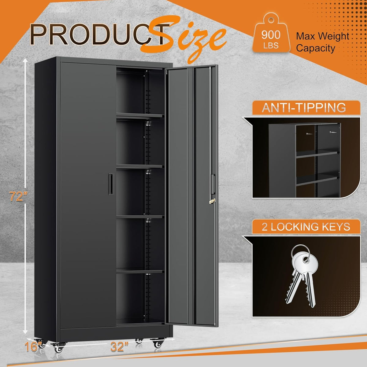 Industrial Grade 73 Inch Black Garage Cabinet Durable