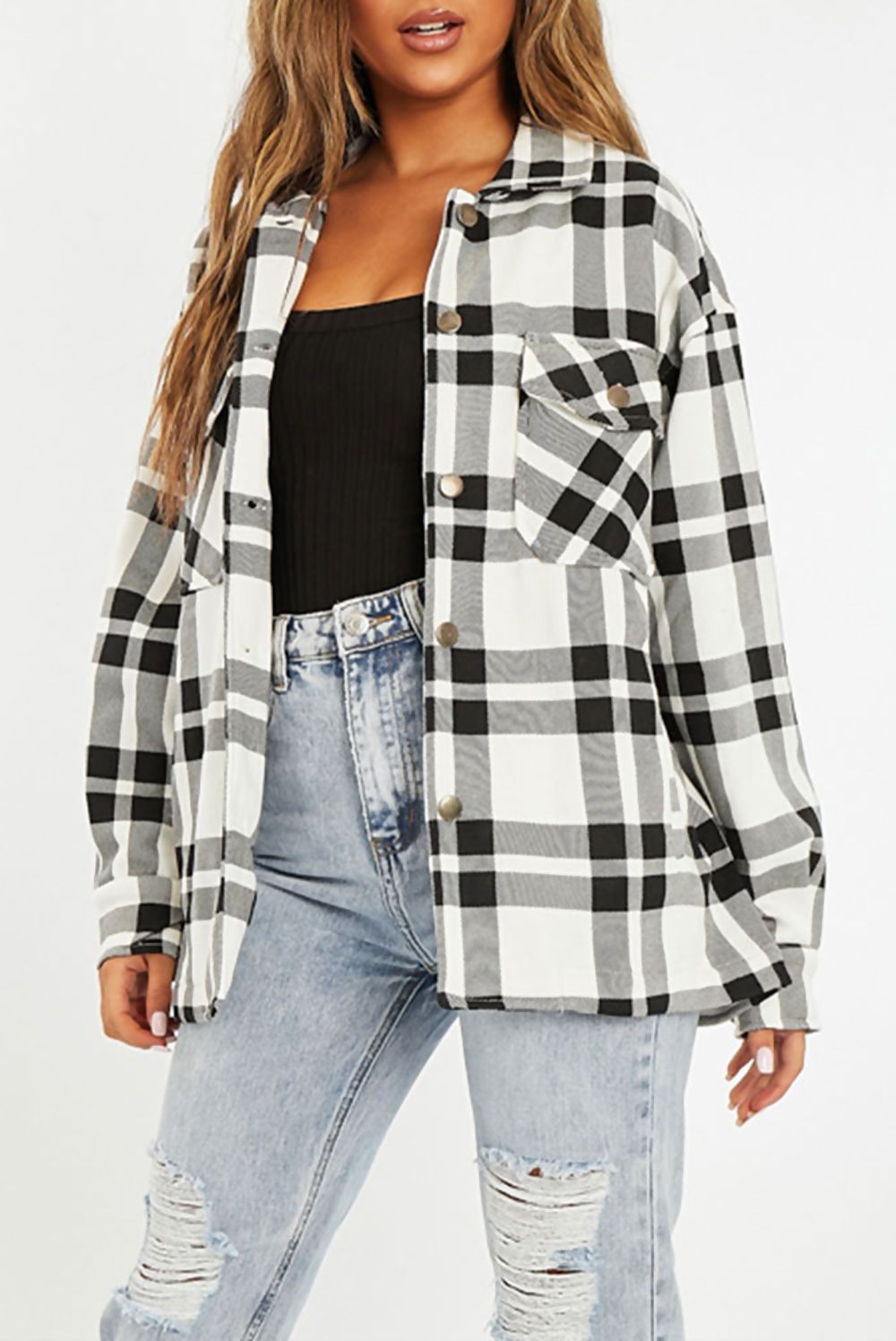 Black and white check shacket for women by Azure Theseus, casual outerwear with plaid pattern and button front.