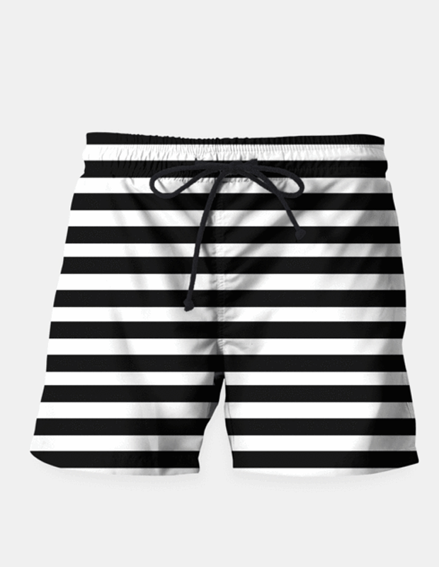 Black swim shorts with seamless stripe pattern from Sky Felix, featuring a comfortable fit and stylish design for beach or pool.