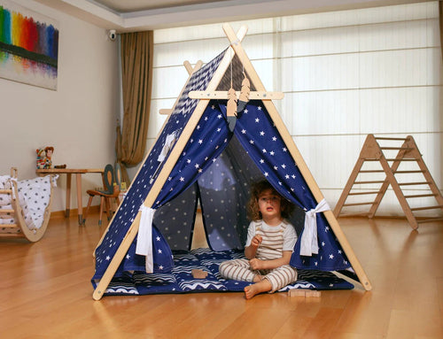 Blue star-themed XL play tent and play mat set for kids, made by Red Oceanus, featuring a cozy, fun furniture play area for children.