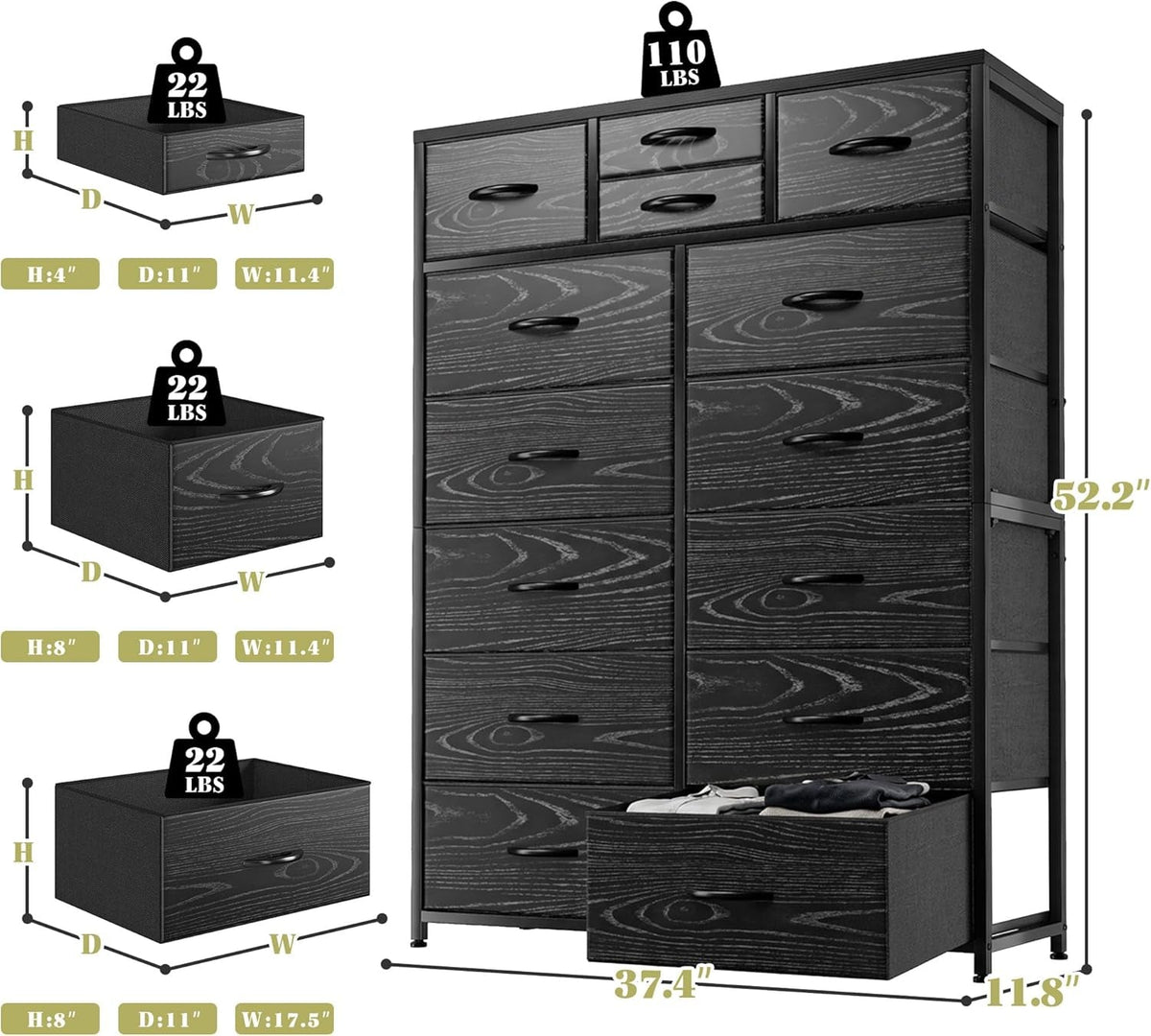Black Fabric Dresser With Deep Drawers 52 Inches Tall