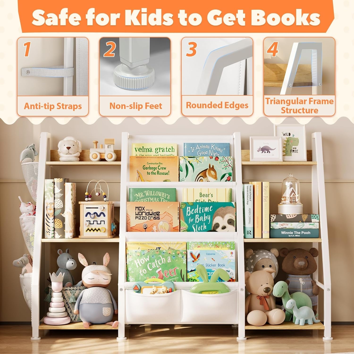 Kids bookshelf and toy organizer by Peach Maple, 3-tier burlywood bookcase with storage shelves and space for books and toys.