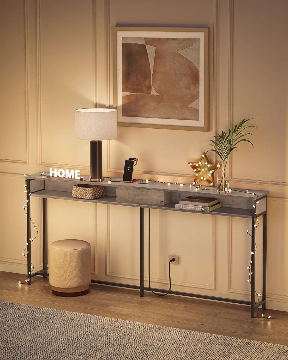 55 Inch Two Tone Ultra Slim Console Table With USB Charging Outlets