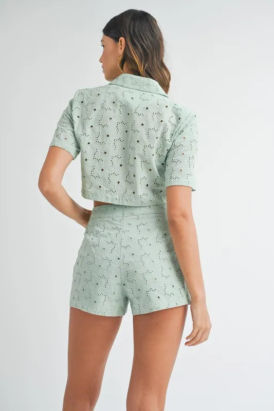 Pear Daisy MABLE eyelet short sleeve crop top and shorts set, lightweight and stylish home and garden outfit, white eyelet fabric.