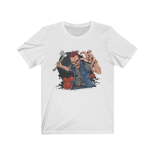 Halloween Pumpkin Hunter T-shirt by Plum Charlie featuring a spooky pumpkin design on a black fabric background