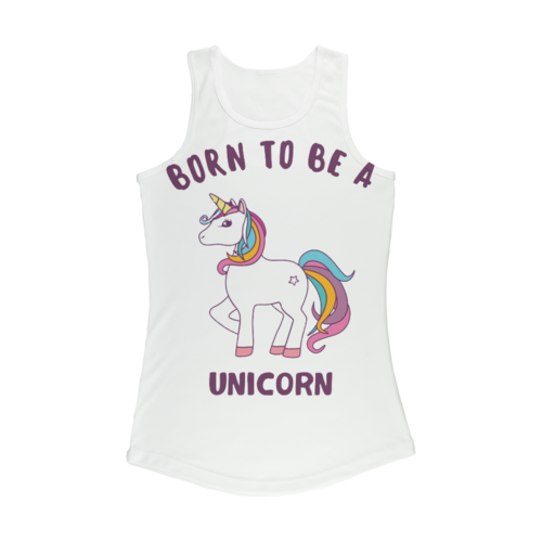 Scorpius Born to Be a Unicorn women’s performance tank top with colorful unicorn graphic and athletic fit.