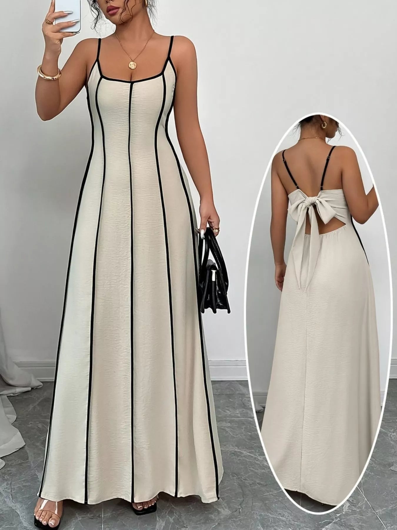 Pear Daisy contrast trim spaghetti strap maxi dress with a flowing silhouette and stylish design, perfect for elegant summer wear.