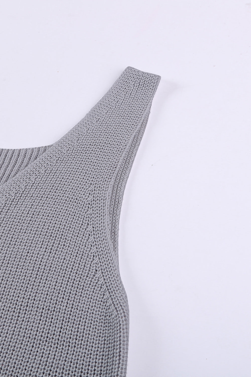 Gray crisscross hollow-out knit tank top for women by Lavender Pallas, featuring a stylish open-knit design and sleeveless fit.