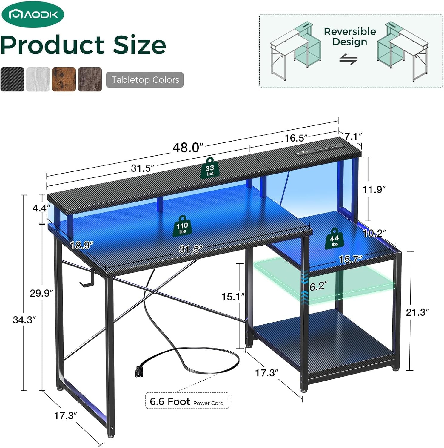 48-inch LED gaming desk by Peach Maple featuring built-in power outlet, shelves, and modern furniture design.