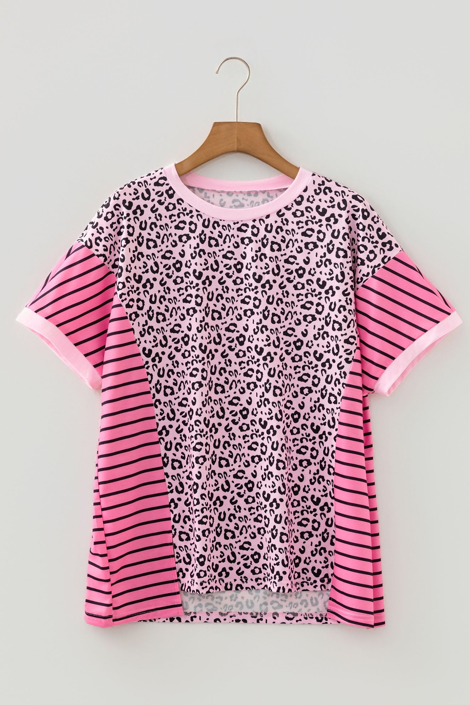 Plus size leopard and stripe contrast patchwork tee for women by Byzantium Bay, featuring bold animal print and mixed fabric design.