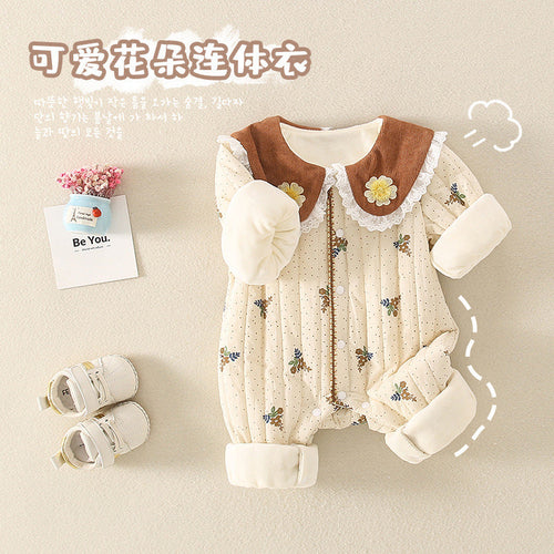Carmine Juneberry DaisyWarm™ winter floral jumpsuit for baby girls, soft baby clothing with a cute floral pattern and cozy design.