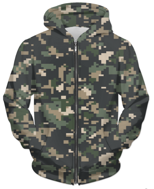 Scorpius Camofludge 8 unisex zip hoodie with camouflage pattern and front zipper, casual sweater for men and women.