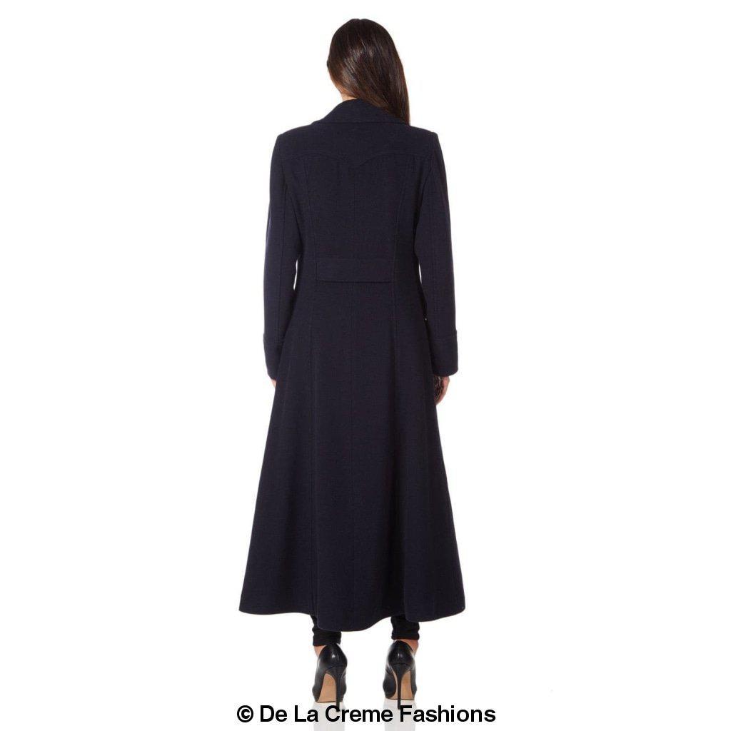 Rose Eleusis wool blend double-breasted maxi coat displayed on a model, showcasing its elegant long coat design and classic style.