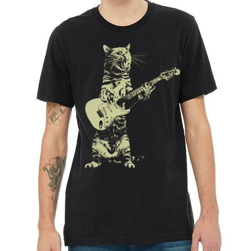 Black T-shirt featuring a playful cat illustration playing guitar from Indigo Tiger, designed for cat lovers and music fans.