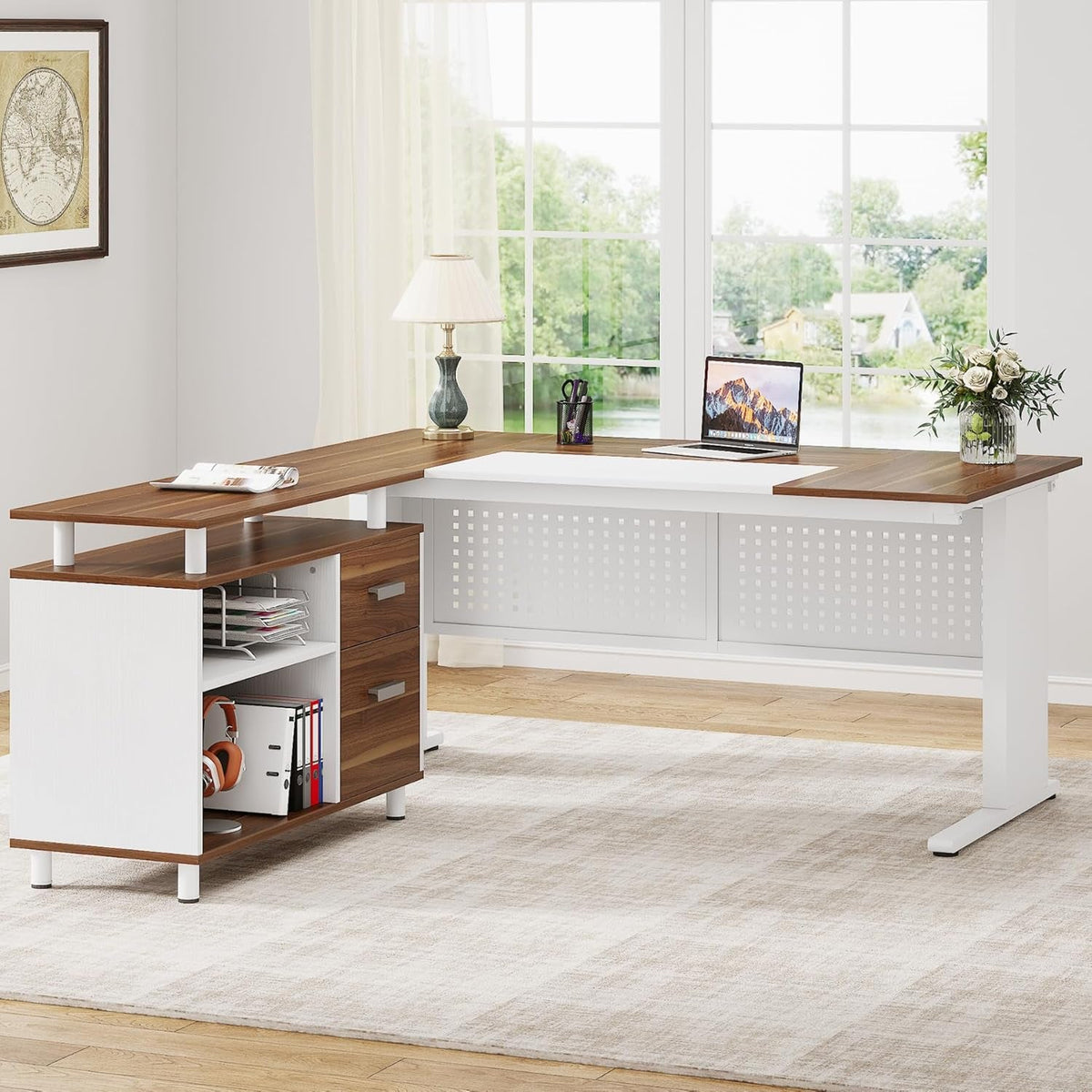 Walnut 63Inch Executive Desk With File Storage Cabinet