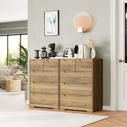 Rustic brown Peach Maple 5-drawer bedroom dresser with wood grain finish for storage and organization.