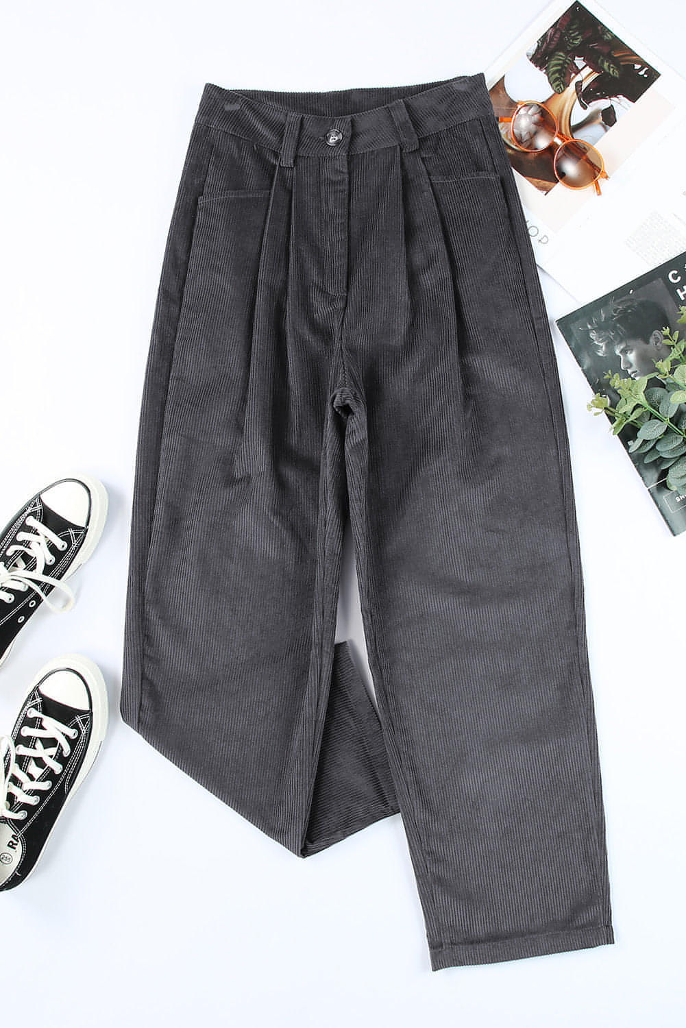 Gray corduroy high waist straight leg pants by Carmine Juneberry, shown with a close-up of the fabric and fit.