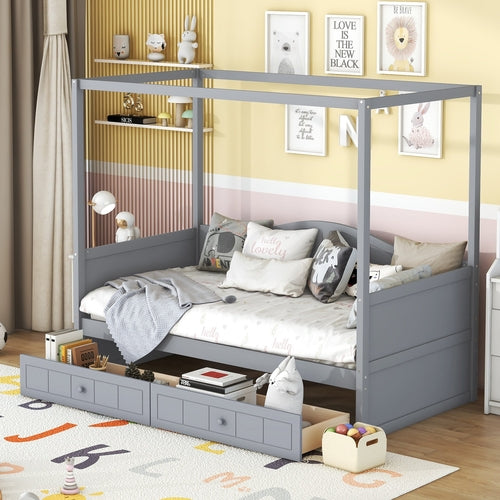 Sangria Beech twin size canopy day bed with white canopy, wooden frame, and two drawers for bedroom decor and storage.
