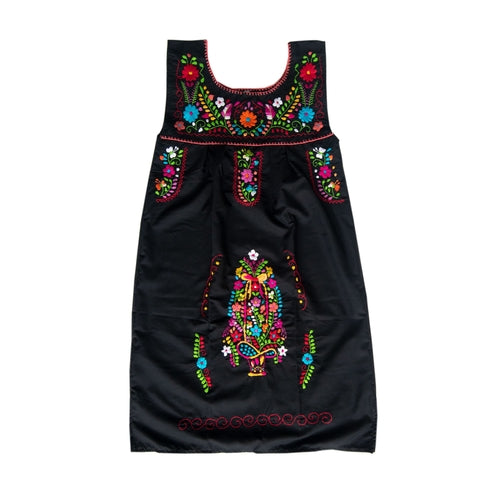 Black Mexican dress with multicolored floral embroidery, sleeveless women&